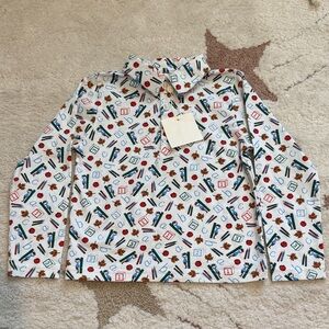 Kids Long Sleeve Printed Polo Top — White with Multicolor School Print